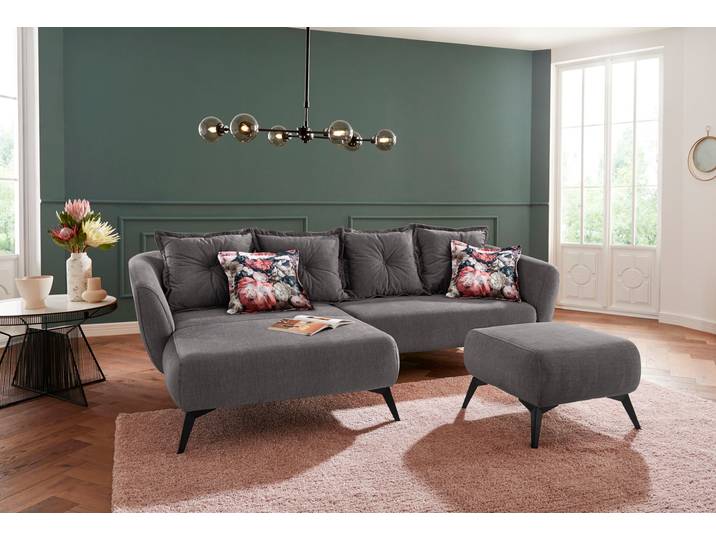 Ecksofa HOME AFFAIRE Baggio romantische Polsterecke, bequem, Breite 277 cm, L-Form , schwarz (asche), B:277cm H:80cm T:162cm, Sofas, Ecksofa, Zierkissen inklusive, schwarze Metallfüsse