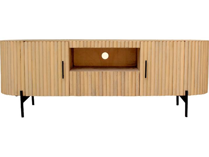 TV-Board SIT Sapa aus Mangoholz mit Lamellen-Design, 2 Türen & Schublade , beige (natur, schwarz), B:160cm H:60cm T:45cm, Massivholz, Metall, Sideboards, TV-Board, Offenes HiFi-Fach mit Kabeldurchführung & 20 cm Metallfüssen