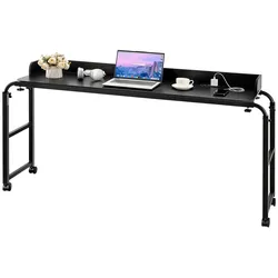 VEVOR Überbetttisch mobiler Betttisch mit 4 Rollen (2 mit Bremsen) und Steckdose, höhenverstellbarer Laptop-Rolltisch, Tragbarer Spanplatten-Überbetttisch für Zuhause Büro, Arbeitszimmer, Schwarz