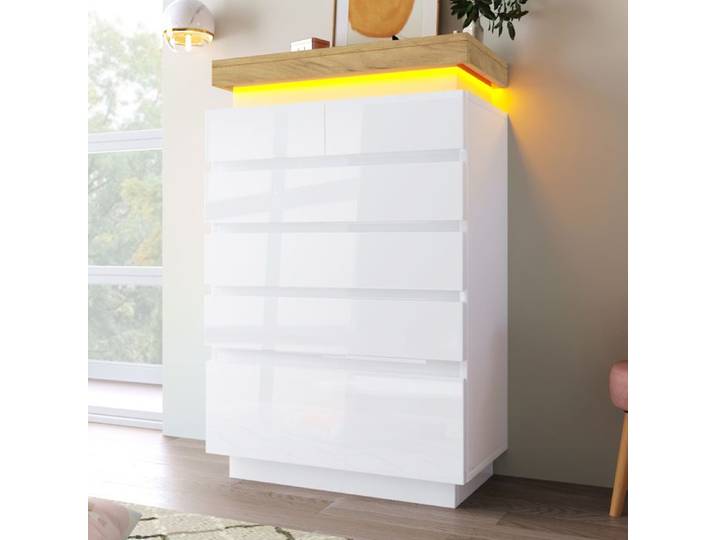Commode blanche brillante à 6 tiroirs avec éclairage LED et contrôle par application