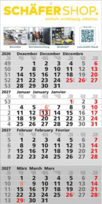 Schäfer Shop Select 4 Monats-Wandkalender Quattro 2027, 3-sprachig, 12 Seiten, Datumsschieber, B 300 x H 600 mm, Karton, grau-weiß