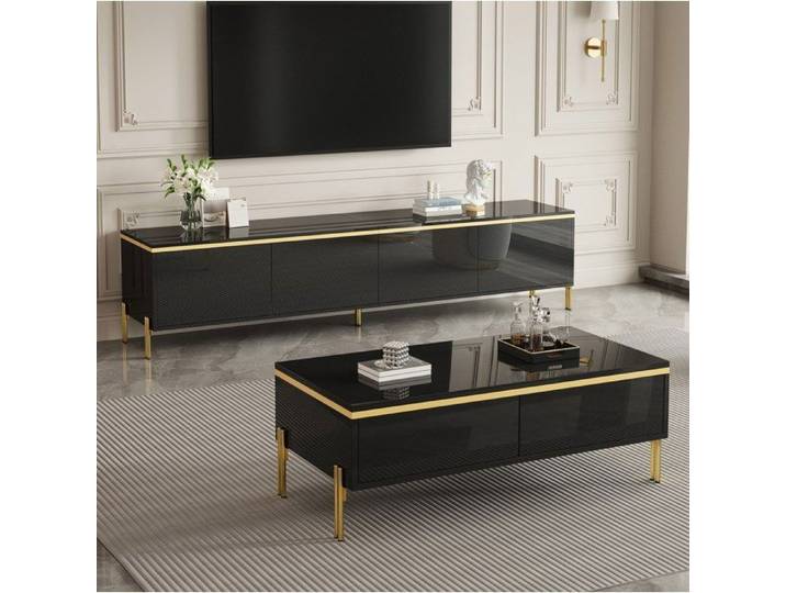 MEULVA Ensemble meuble TV et table basse noir brillant partiel avec 4 tiroirs 2 portes détails dorés rangements intégrés