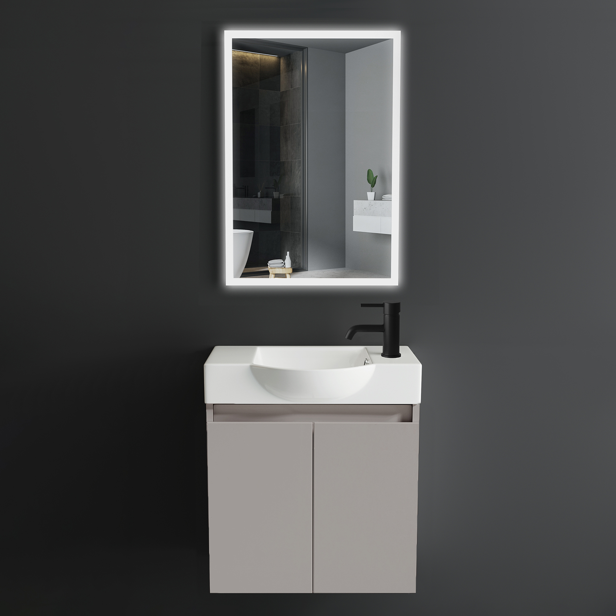 Alpenberger Waschbecken mit Unterschrank 55cm + LED Spiegel 45x70 Gäste-WC, Keramik-Set mit LED Spiegel, Touch on/off, energieeffizient