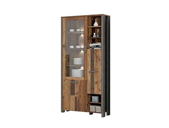 FORTE Clif Vitrine mit 1 Tür unf 1 Glastür, Holzwerkstoff, Old – Wood Vintage/ Betonoptik Dunkelgrau, 91,7 x 204,9 x 41,6 cm