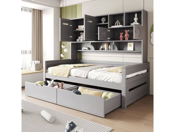 Lit coffre 90x200 avec rangement multifonctionnel et tiroirs sommier à lattes gris