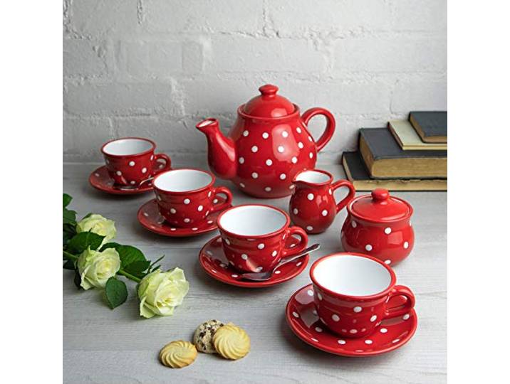 City to Cottage® - Keramik Tee Set für 4 Rot und Weiß Polka Dots Handgemacht Keramik Teekanne 1,7 Liter, Milchkännchen, Zuckerdose, 4 Teetassen mit Untertassen