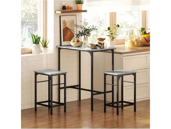 Set table de bar - 1 table et 2 tabourets style industriel - gris