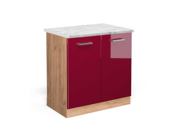Vicco Spülenunterschrank R-Line, Rot Hochglanz, 80 cm 2 Türen · Arbeitsplatte Marmor · Höhenverst. Füße · Großer Innenraum · Frei kombinierbar