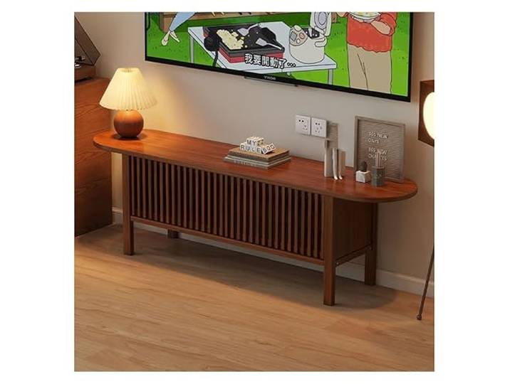 Sxlawesom TV-Möbel aus Holz mit Lamellentüren, Niedrige Medienkonsole/TV-Schrank(Braun)
