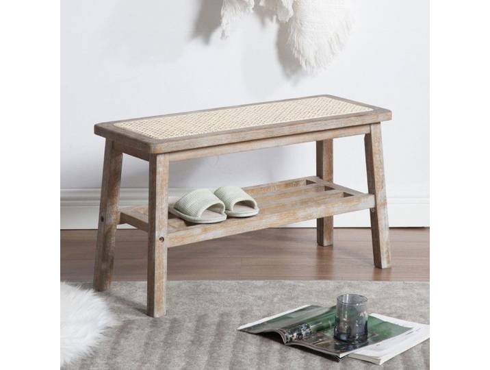 Wahson Banc à Entrée Moderne et Rétro Banc à Chaussures Banc de Rangement avec Étagères Banc Bois et Rotin pour Salon Beige