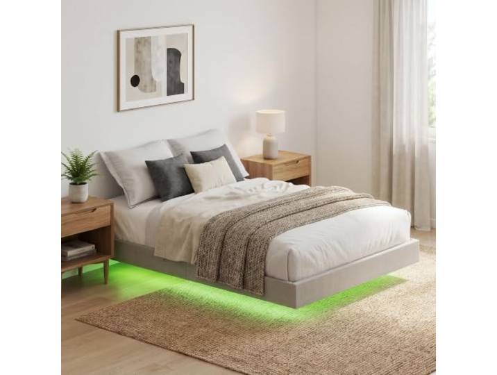 HOMCOM Schwebendes Bettgestell 200 x 160 cm mit smarten LED-Leuchten, gepolstertes Plattformbett in Leinenoptik, 12 Latten, geräuscharm, ohne Boxspringbett, einfache Montage, Beige