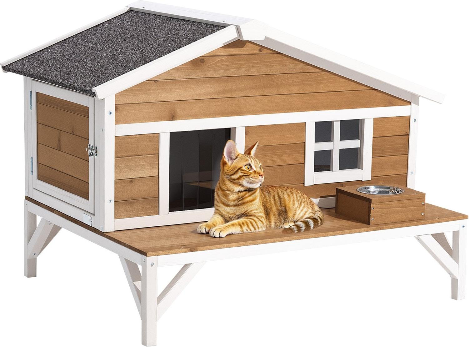 Katzenhaus Outdoor - Holz-Katzenhütte - Schaumstoffisoliert & Winterfest - Große Plattform - Katzenhöhle - Für Haus- & Freigängerkatzen - 110,5 x 85,3 x 78,7 cm