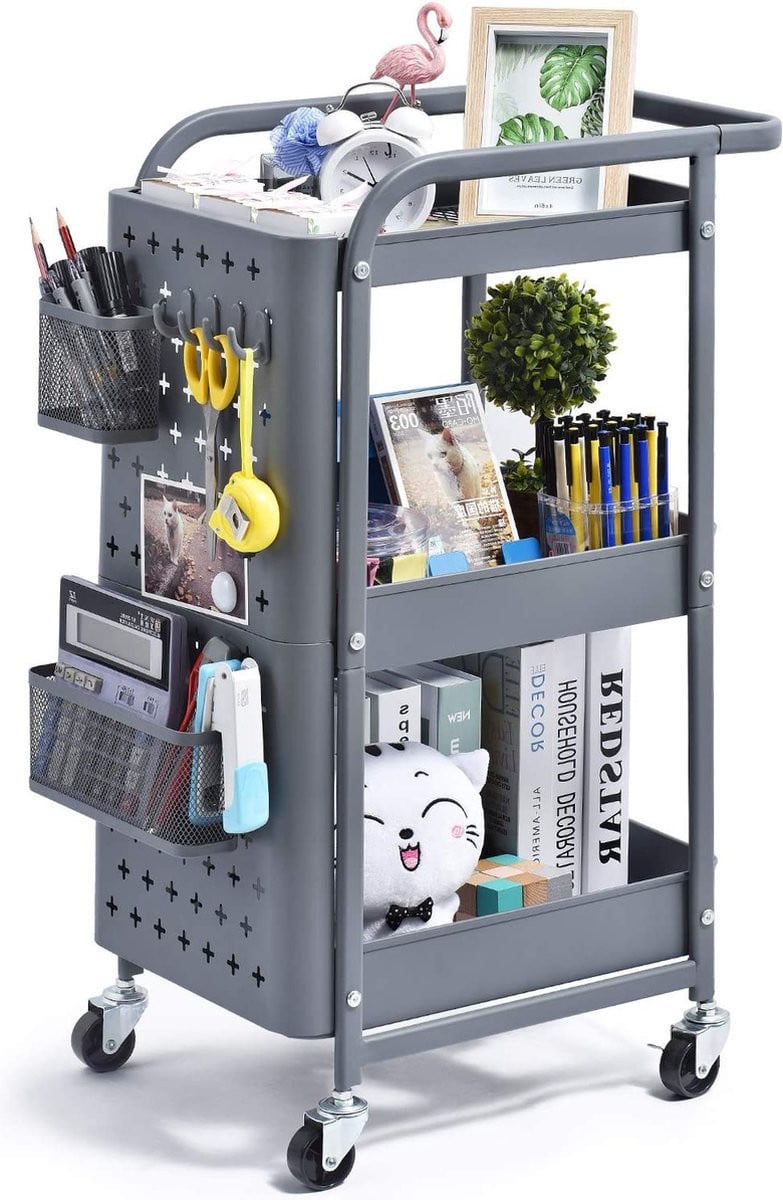 Moderne Keukentrolley met Plateaus in Grijs - Metalen en Glazen Opbergtrolley op Wielen