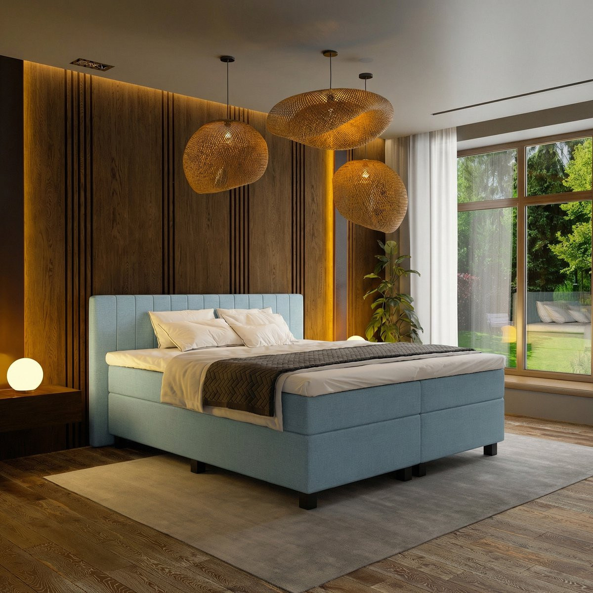 Mörgenn Boxspring Douze met Pocketvering en 12-Baans Hoofdbord, Lichtblauw, 180x200 cm