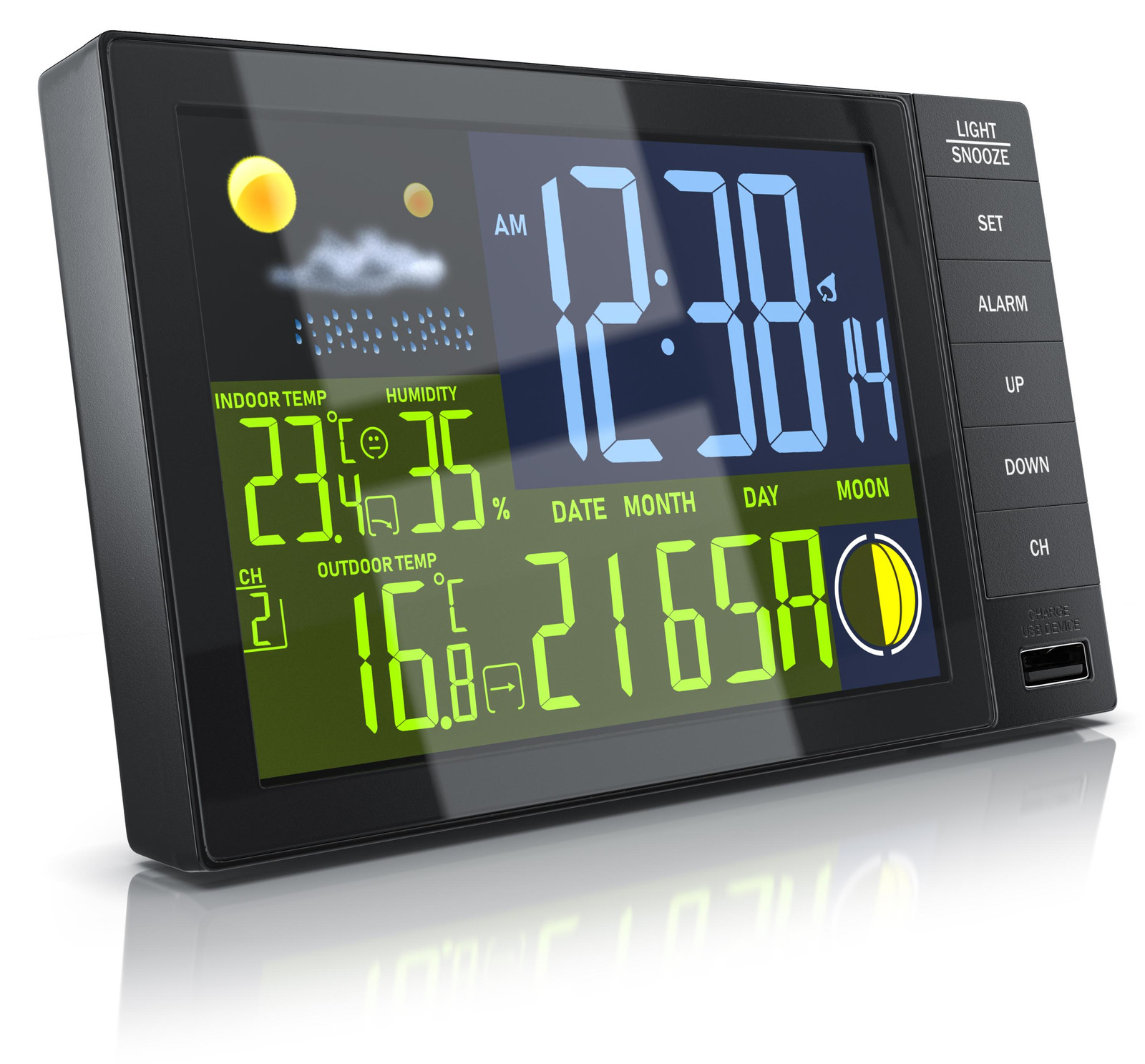 BEARWARE Funkweerstation met buitensensor, weerstation voor binnen en buiten, kleuren display, thermometer en hygrometer met DCF-signaal radio-klok