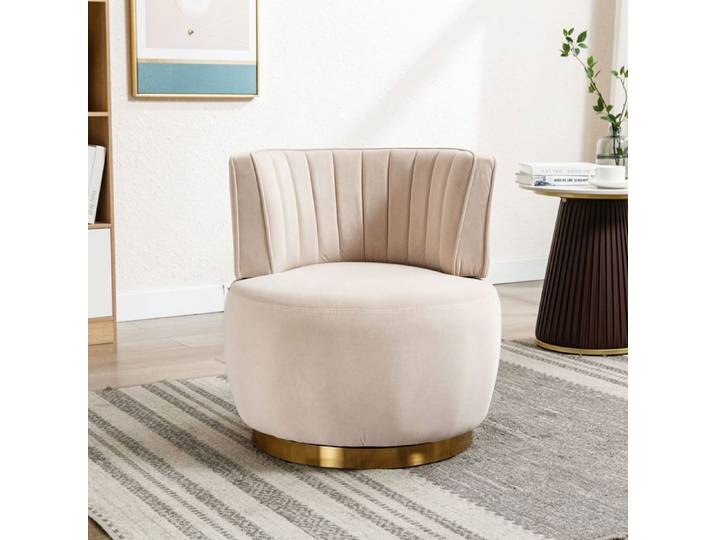 Fauteuil Pivotant 62.5x62x69.5cm en Velours Beige - Fauteuil Moderne - Design Tonneau 360° Assise Épaisse Base Métal Doré Chambre