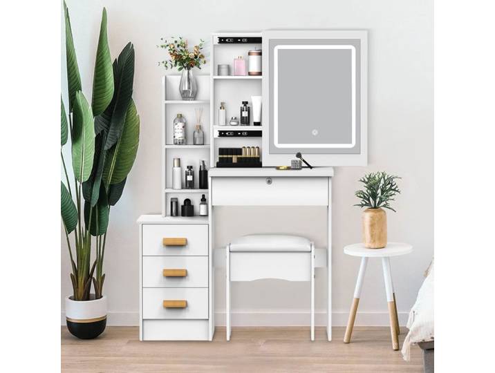 Coiffeuse avec miroir lumière 4 tiroirs blanc 80x40x137cm