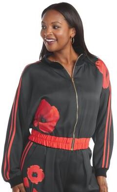 Masseys Satin Track Zip-Up (Size 3X) Black/Poppies, Cotton,Elastine,Polyester