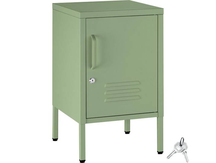 tectake Nachtschrank Baker, Kippschutz, höhenverstellbare Füße, salbeigrün, Salbeigrün, Metall, Quadratisch, 35x60.5x42.5 cm, Schlafzimmer, Nachtkästchen