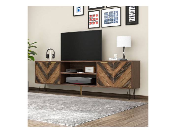 IDEASY TV-Schrank Lowboard, Türen aus Massivholzfurnier, Holprige Textur, 155x38x48 cm TV-Board, 2 Türen Goldene Griffe & Eisenfüße, für TV-Geräte bis zu 39