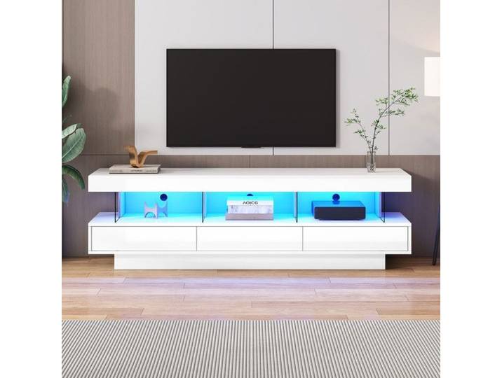 Piaenon - Meuble TV LED Blanc Brillant Moderne 160x38x50.5cm avec 3 Tiroirs 40kg Design Moderne Salon
