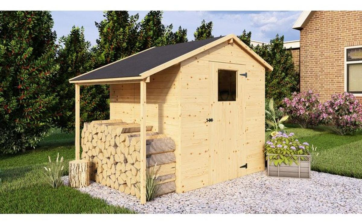 Gartenhaus aus Rohkiefer mit Anbau (Appentis) 2,96 m² + 0,88 m², 12 mm Paneele, 16 mm Dachlatten, 1 Tür, dunkle Dachdeckung