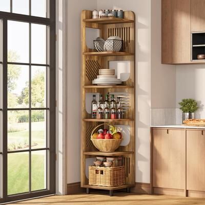Bluebell 6-Tier Corner Shelf, Rustic Tall Corner Bookshelf for Living Room, Bedroom, Office