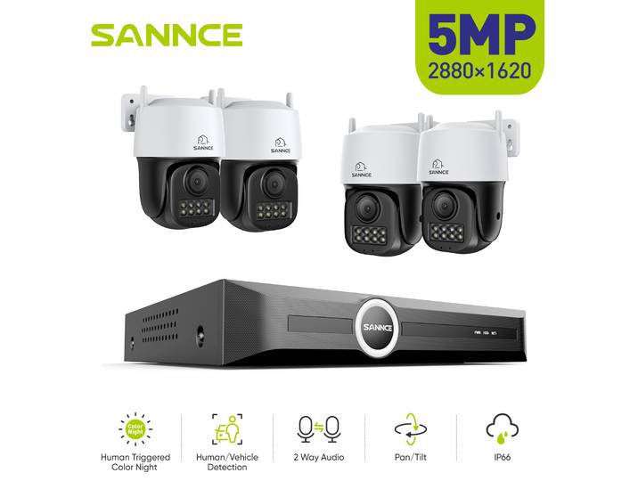SANNCE – système de sécurité PoE 5MP, NVR H.265 4CH avec 2/4 caméras IP PT 5MP, Vision nocturne couleur, kit de caméras de sécurité vocales bidirectionnelles