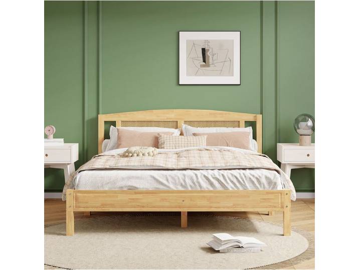COVREO Lit double 160x200 cm en pin et PE rotin tête de lit arrondie 15 lattes pieds centraux naturel