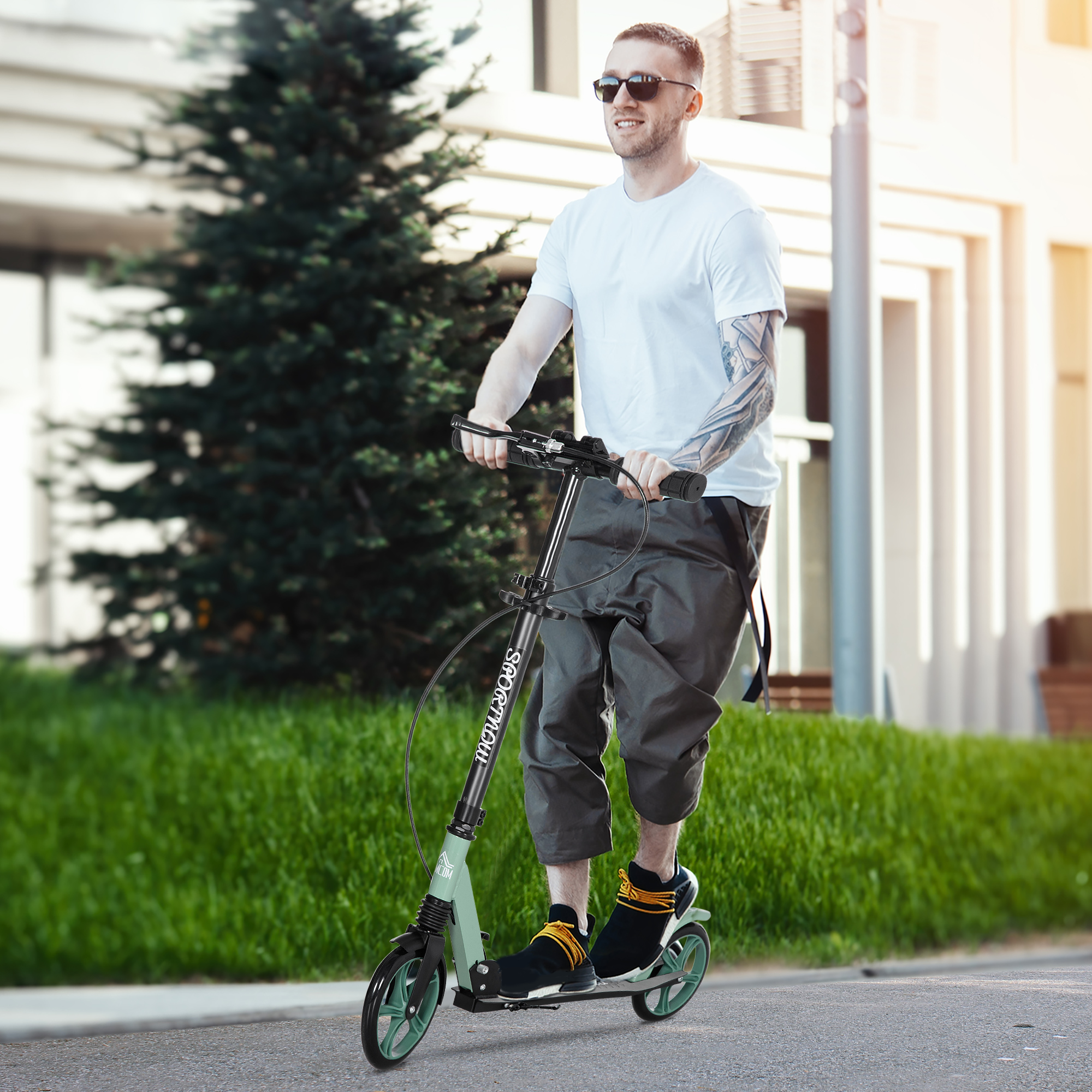 Homcom Monopattino pieghevole per adulti +14 anni con manubrio regolabile grandi ruote da 20 cm ammortizzatore e doppio freno in alluminio - verde