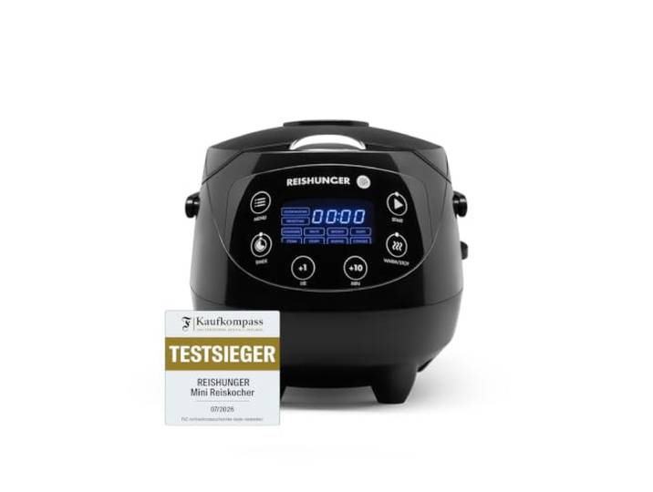 REISHUNGER Digitaler Reiskocher klein – 0,6 L bis 3 Personen – Schwarz Warmhaltefunktion, Timer & Premium Topf – Kleiner Multikocher & Dampfgarer – 8 Programme, 7-Phasen-Technologie