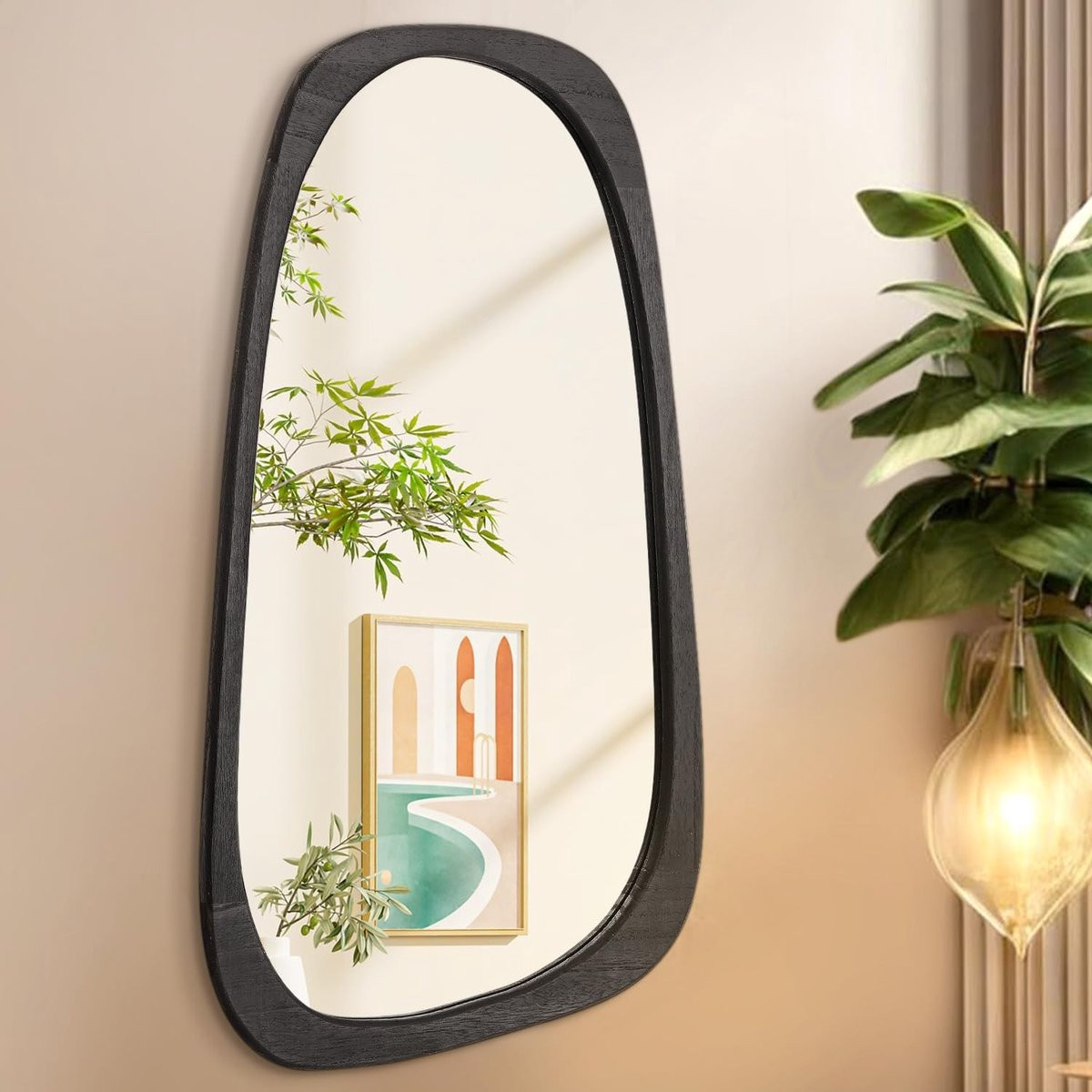 Grote Irregulaire Wandspiegel met Zwart Modern Houten Frame, Asymmetrische Hangspiegel voor Badkamer, Slaapkamer en Woonkamer, 70 x 40 cm
