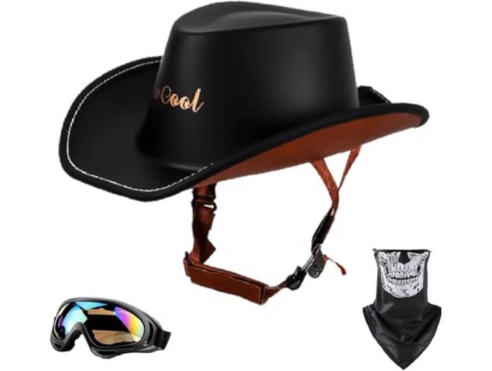 Caimcie Cowboy-Halbhelm, Vintage-Cowboyhut-Motorradhelme, neuartiger Western-Cowboy-Halbhelm, Retro-ECE/DOT-zugelassene Motorradhelme für Jugendliche und Erwachsene B,XL=61-62cm