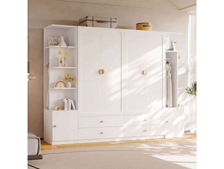 Armoire - ZEVKOR - Armoire 6 Portes Battantes - 4 tringles - 4 tiroirs - Blanc 270×45×200 cm