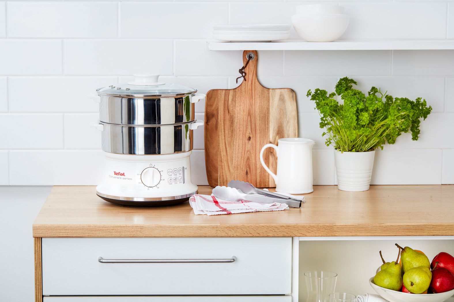 Tefal Dampfgarer "Convenient Series", weiß, B:29,5cm H:25,8cm T:29,5cm Ø:24cm, Dampfgarer, 2 Edelstahlbehälter, 6 L, Ø 24cm, Timer, Abschaltautomatik, VC1451, Dampfgarer