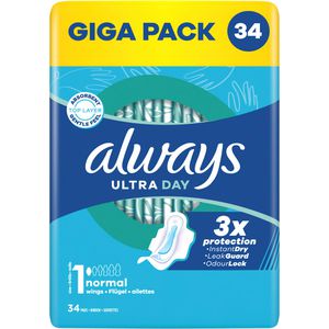 always Damenbinden Ultra Day Normal, Größe 1, geruchsneutralisierend, mit Flügeln, 34 Stück