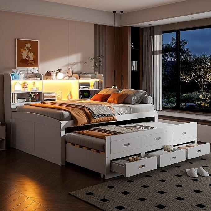 Tagesbett Ausziehbar Holz 140 x 200 cm, Ausziehbett mit 3 schubladen, Nachttischablage, Bett mit Lattenrost, Ohne matratze. (Weiß)