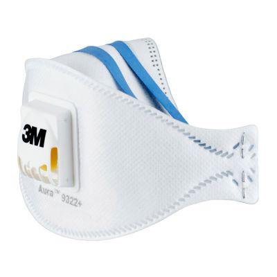 Atemschutzmaske 3M Aura™ Cool Flow™ 9322+, Typ FFP2, 94 % Partikelfilterung, mit Ventil, 3-teiliges Design, flach faltbar, weiß, 2 Stück