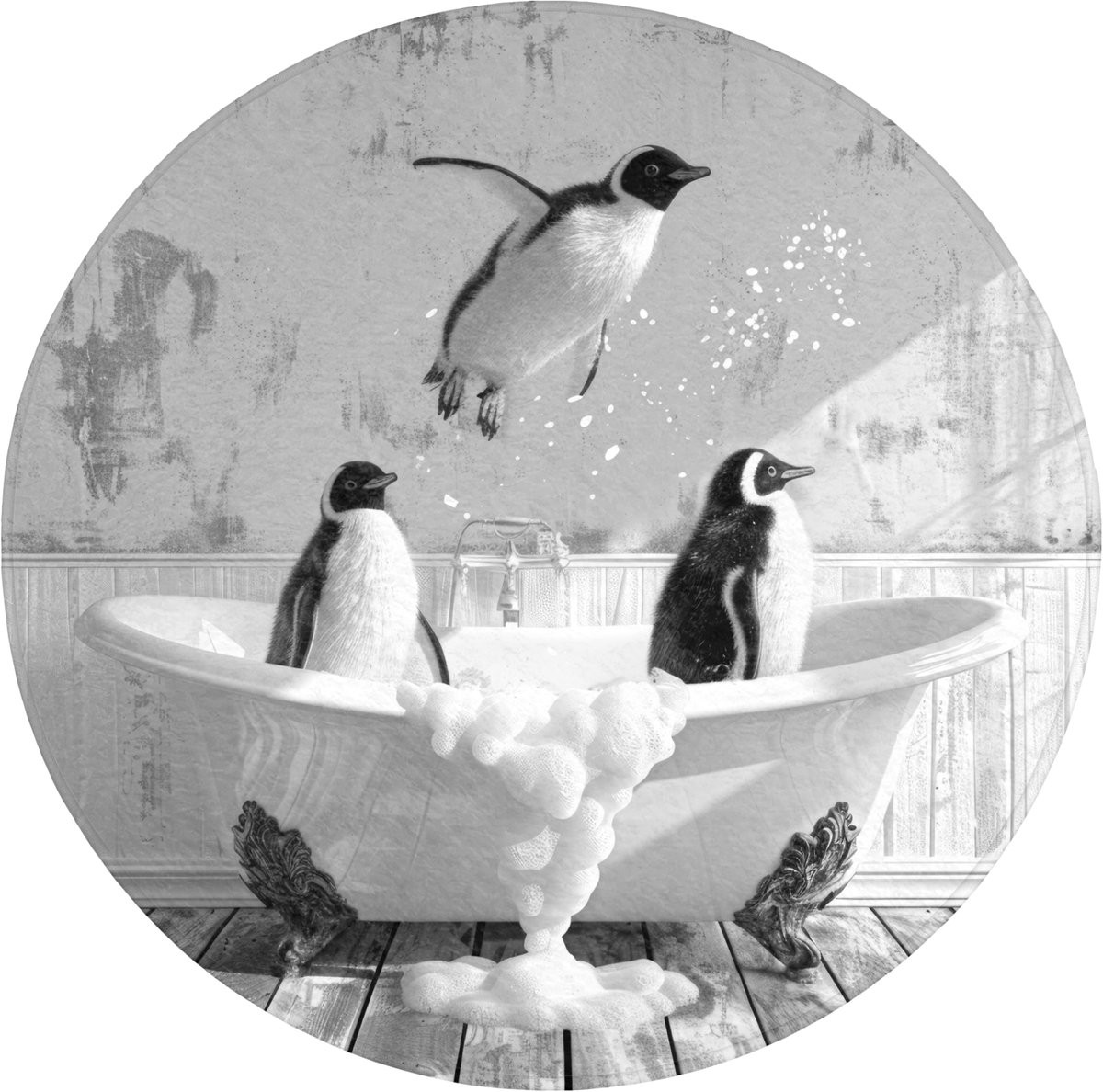 OnlyWow Ronde Badmat met Pinguïns - Antislip - Zwart/Wit - Diameter: 70 cm