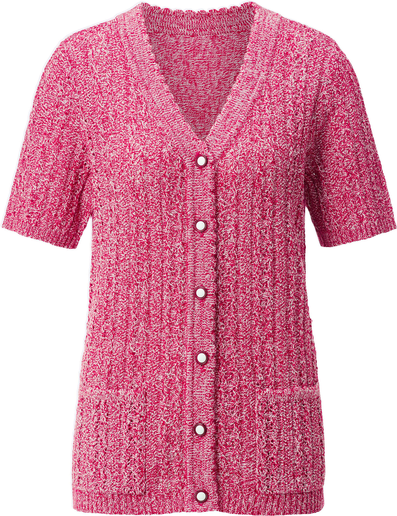 Strickjacke WITT "Strickjacke Ajourstrickjacke mit Taschen, aufgesetzt", Damen, Gr. 38, pink (rot, ecru, meliert), Basic, V-Ausschnitt, Strickjacken Strickjacke