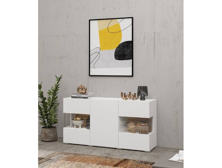 Commode vitrée à trois portes BONA – blanc / wotan