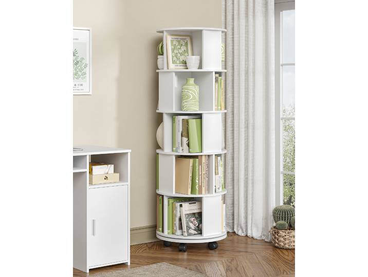 Bibliothèque rotative, 360 ° Étagère à livres rotative avec roulettes, étagère de rangement à 5 niveaux, bibliothèque tournante avec roulettes fixes