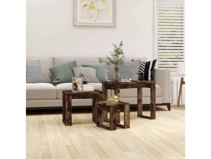 HEFZGDB Satztische 3 STK. Räuchereiche Holzwerkstoff Beistelltische Set Wohnzimmer Schlafzimmer Multifunktional Modern