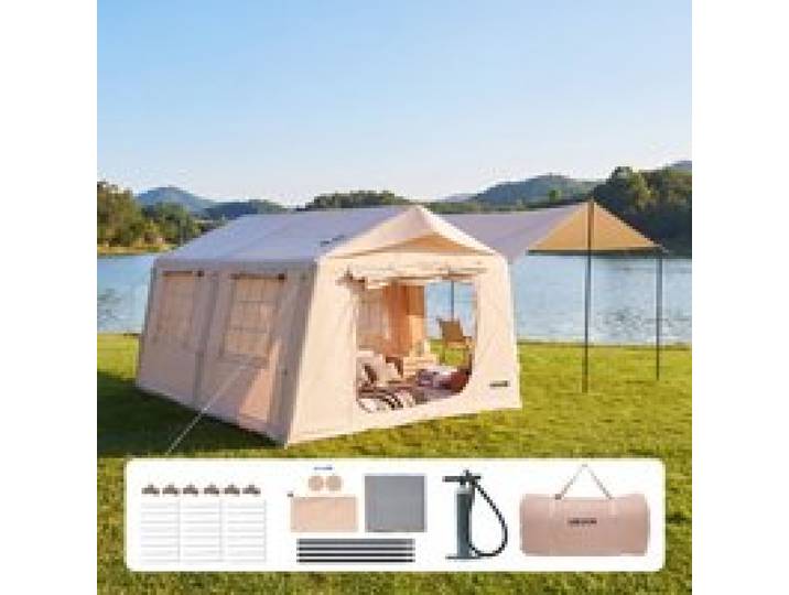 VEVOR Aufblasbares Zelt Luftzelt 5-8 Personen mit Pumpe & Sonnendach Beige, für Outdoor-Aktivität Wasserabweisendes 420D Oxford-Gewebe mit Dachfenster Ofenrohrdurchführung & Netzfenster Windstabil