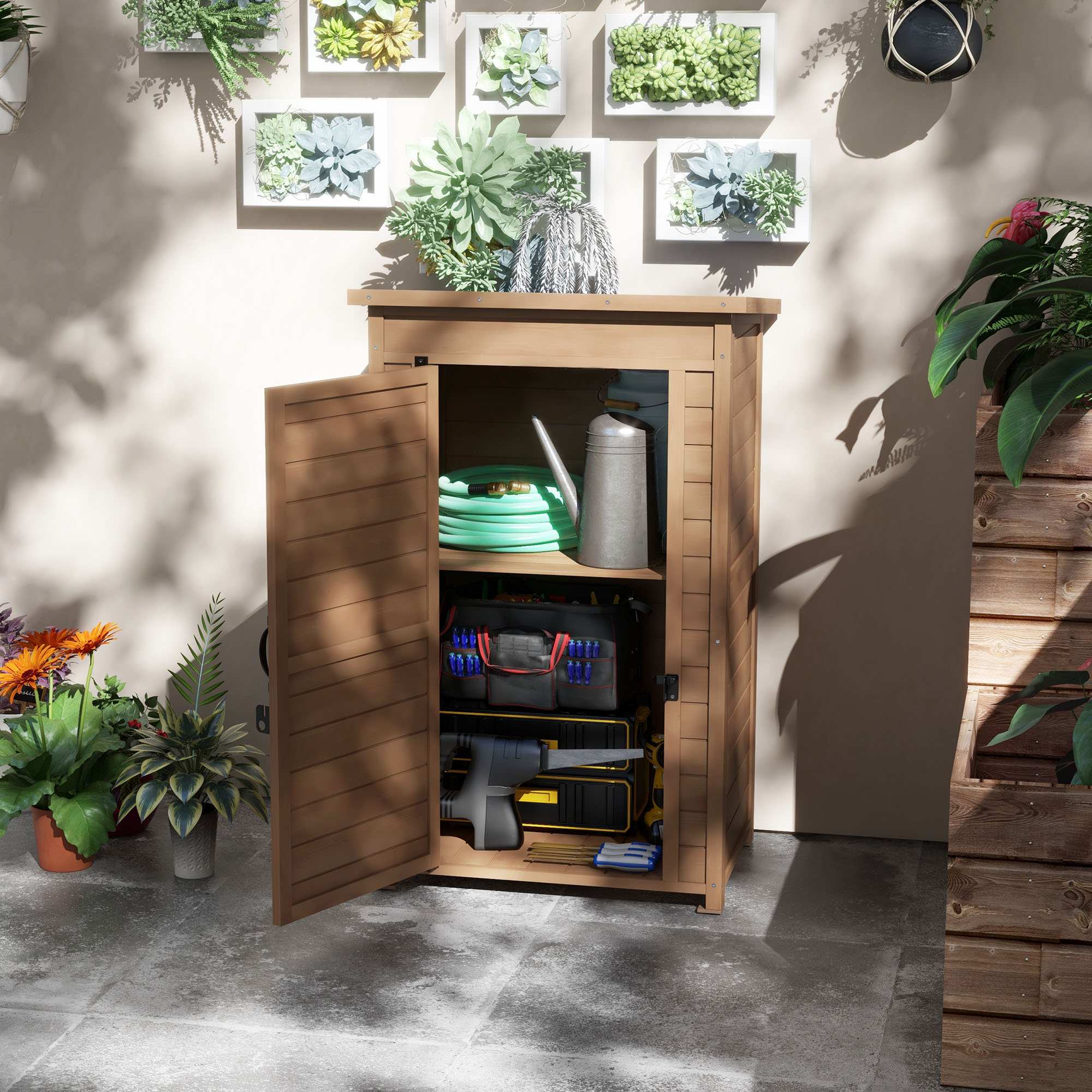 Outsunny Armadio da Giardino in Legno con Ripiano Regolabile e Catenaccio, 75x56x117cm, Marrone Aosom