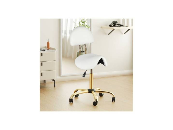 Tabouret roulettes Professionnel avec Dossier VINGLI Tabouret de Selle Rotation à 360° Hauteur Réglable 70-85cm PU Blanc + Or