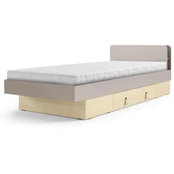 BETT Sorella 90x200 cm mit Lattenrost und Bettkasten-Schublade, mit Matratze 26 cm, Porcini + Eiche Mavelie