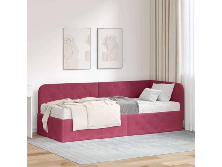 RJPLMFV Bettgestell, Eckbett, Velours, Bordeaux, 80 x 200 cm Kopf umkehrbar, L-Design, stabile Platte, inklusive Latten, für kleine Wohnungen