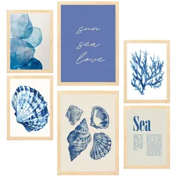 POSTER Set Mit 6 Marineblau Blau Meer Sommer A3 & A4 Rahmen Aus Hellem Holz