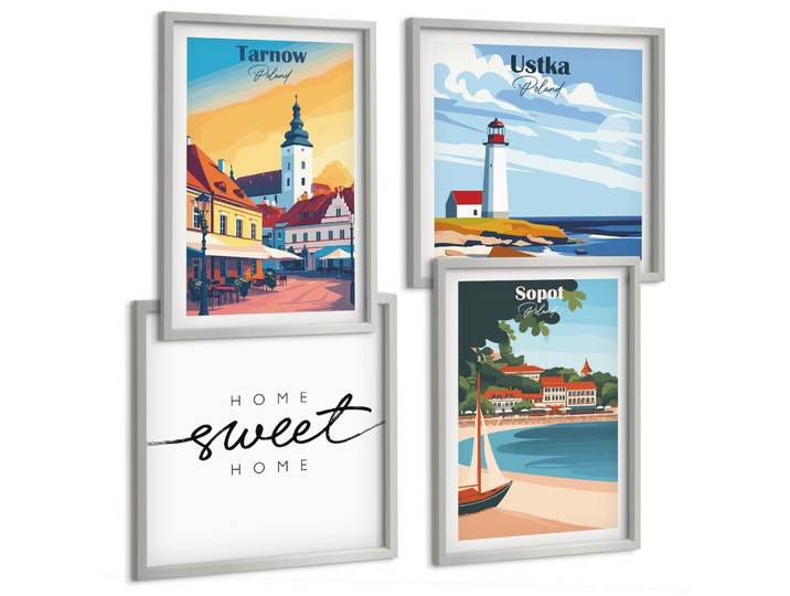 BILDER SET 4er Set - 50x50 cm & 40x60 cm Silberner Rahmen - Polnische Städte Ustka Tarnów Sopot